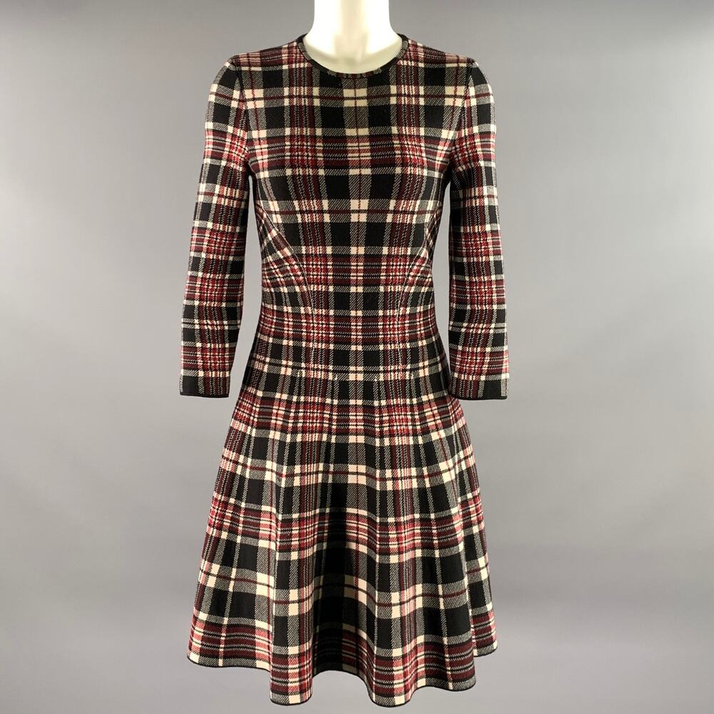ALEXANDER MCQUEEN Size S Black Red Wool Plaid 3/4 Sleeves Knee-Length Dress